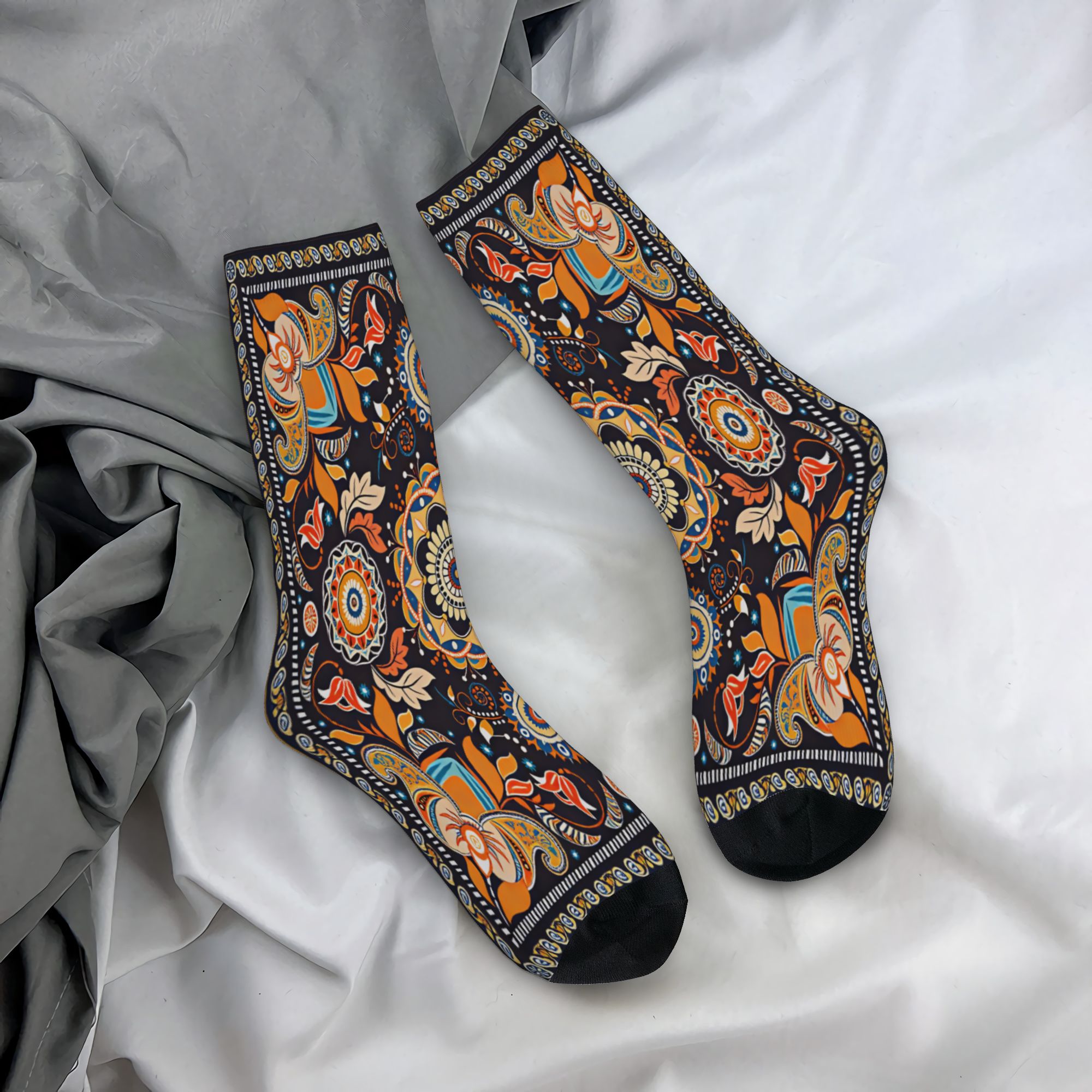 Good Floral & Wedding Decor Supply - Navy Orange Folk Floral Mandala Stockings