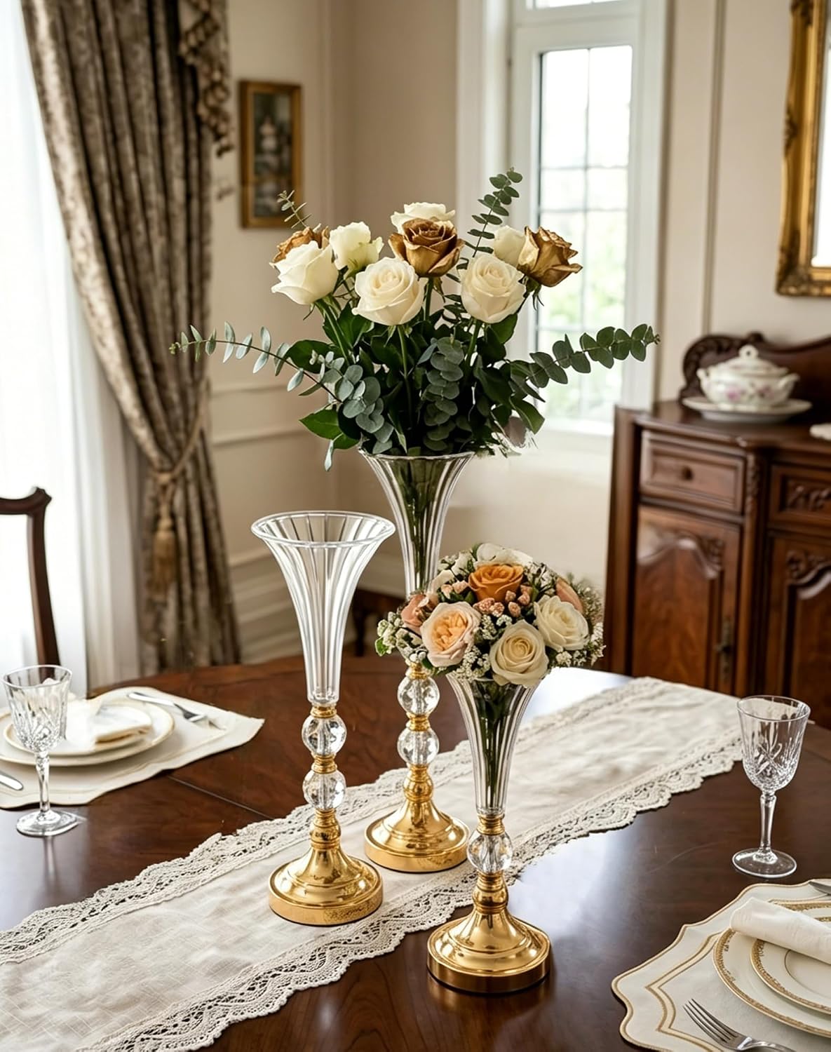 Set of 3 Gold Acrylic Trumpet  - Centerpiece Vase Tall 评论和价格